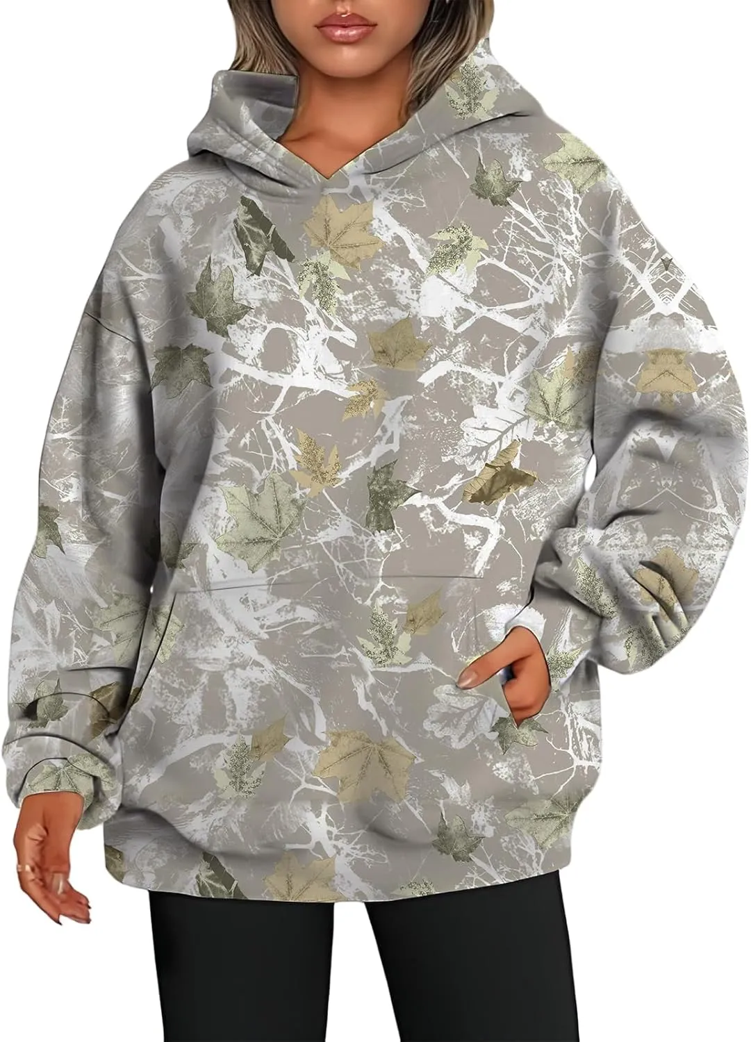 Womens Camo Hoodie Maple-Leaf Print Oversized Sweatshirt Fleece Hooded Pullover Long Sleeve Tunic Tops Fall Clothes