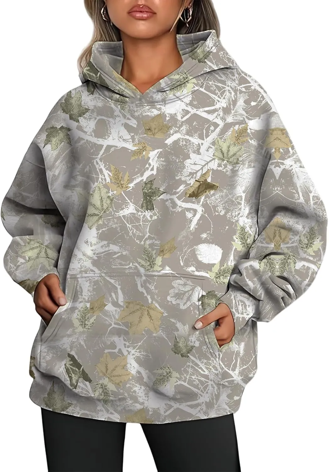 Womens Camo Hoodie Maple-Leaf Print Oversized Sweatshirt Fleece Hooded Pullover Long Sleeve Tunic Tops Fall Clothes