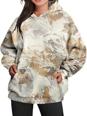 Womens Camo Hoodies Casual Loose Fit Long Sleeve Sweatshirts Oversized Maple Leaf Print Pullover Tops with Pocket