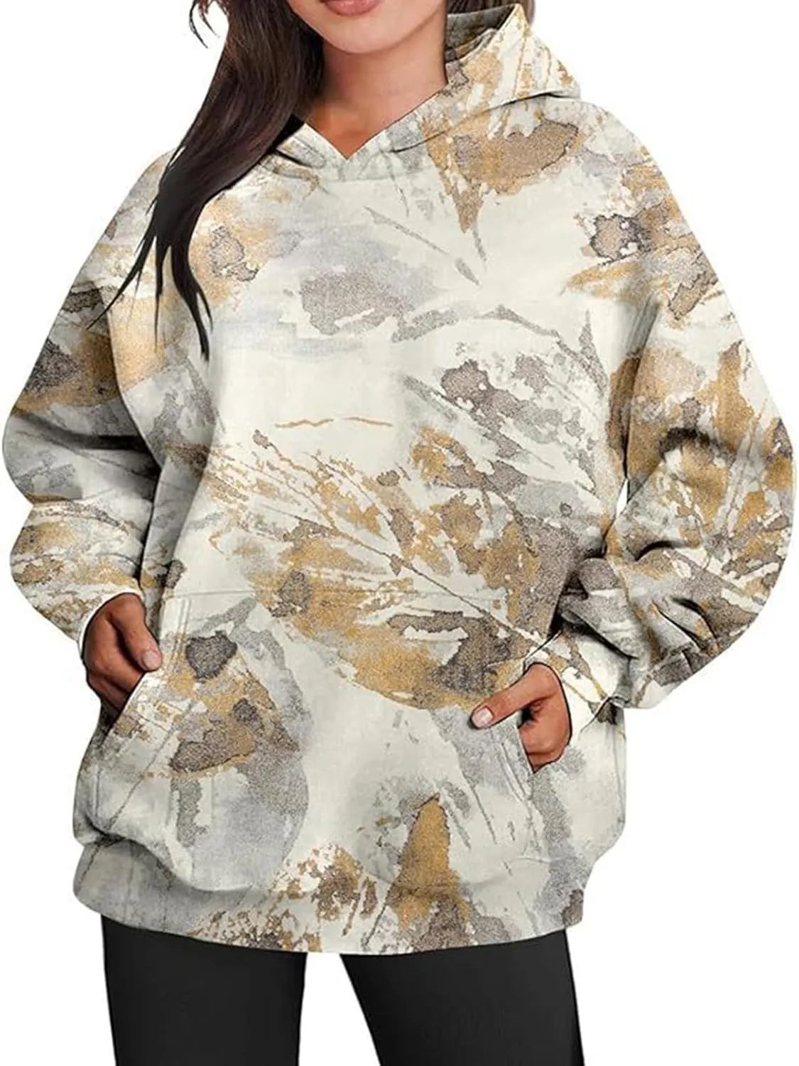 Womens Camo Hoodies Casual Loose Fit Long Sleeve Sweatshirts Oversized Maple Leaf Print Pullover Tops with Pocket