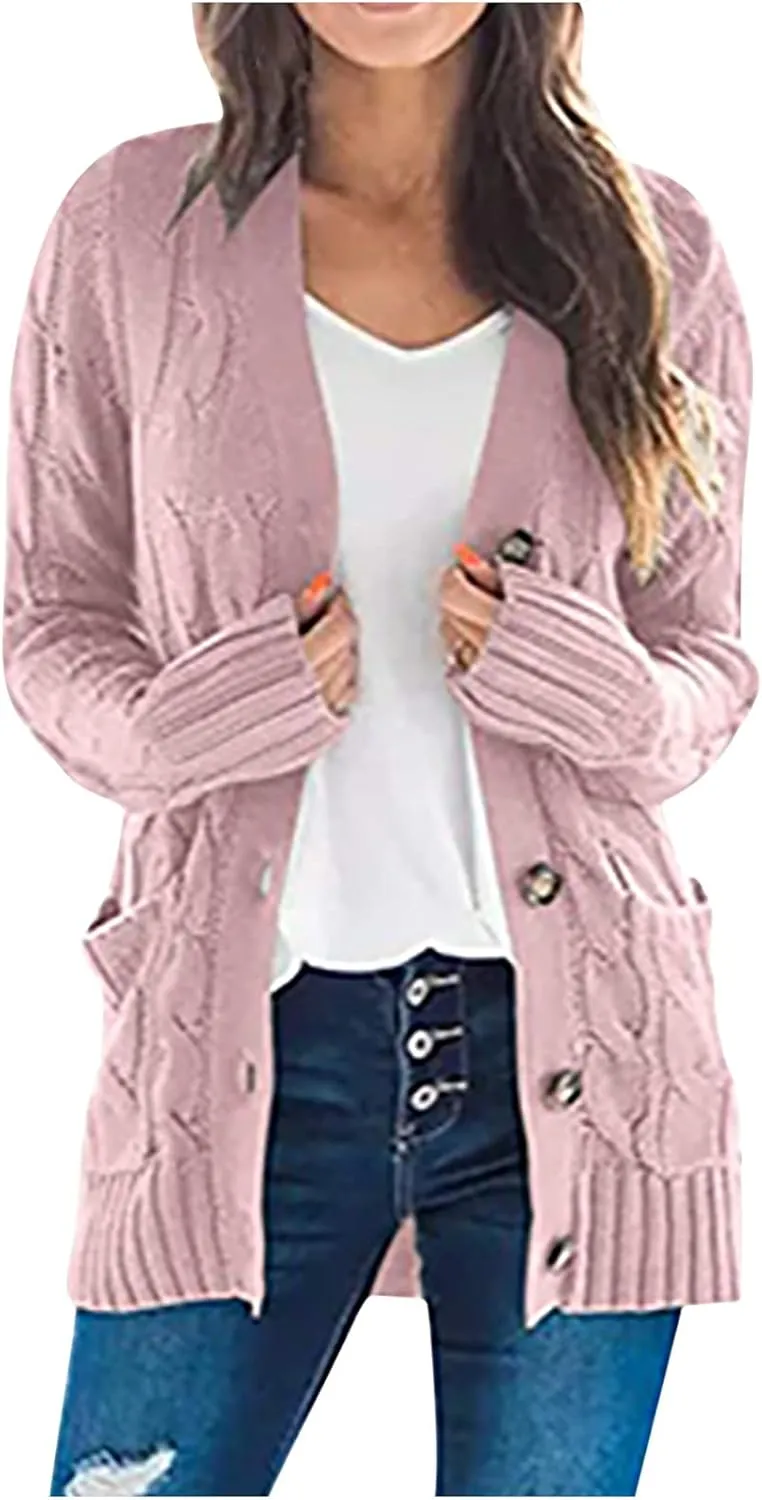 Womens Cardigan Sweaters Dressy Casual Long Sleeve Cable Knit Sweater Open Front Cardigan Button Loose Coat