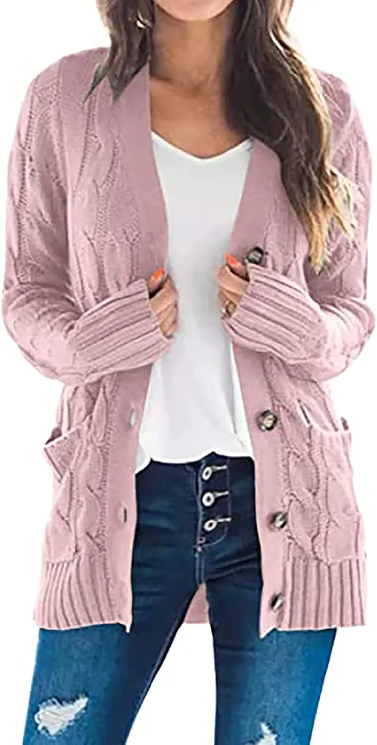 Womens Cardigan Sweaters Dressy Casual Long Sleeve Cable Knit Sweater Open Front Cardigan Button Loose Coat
