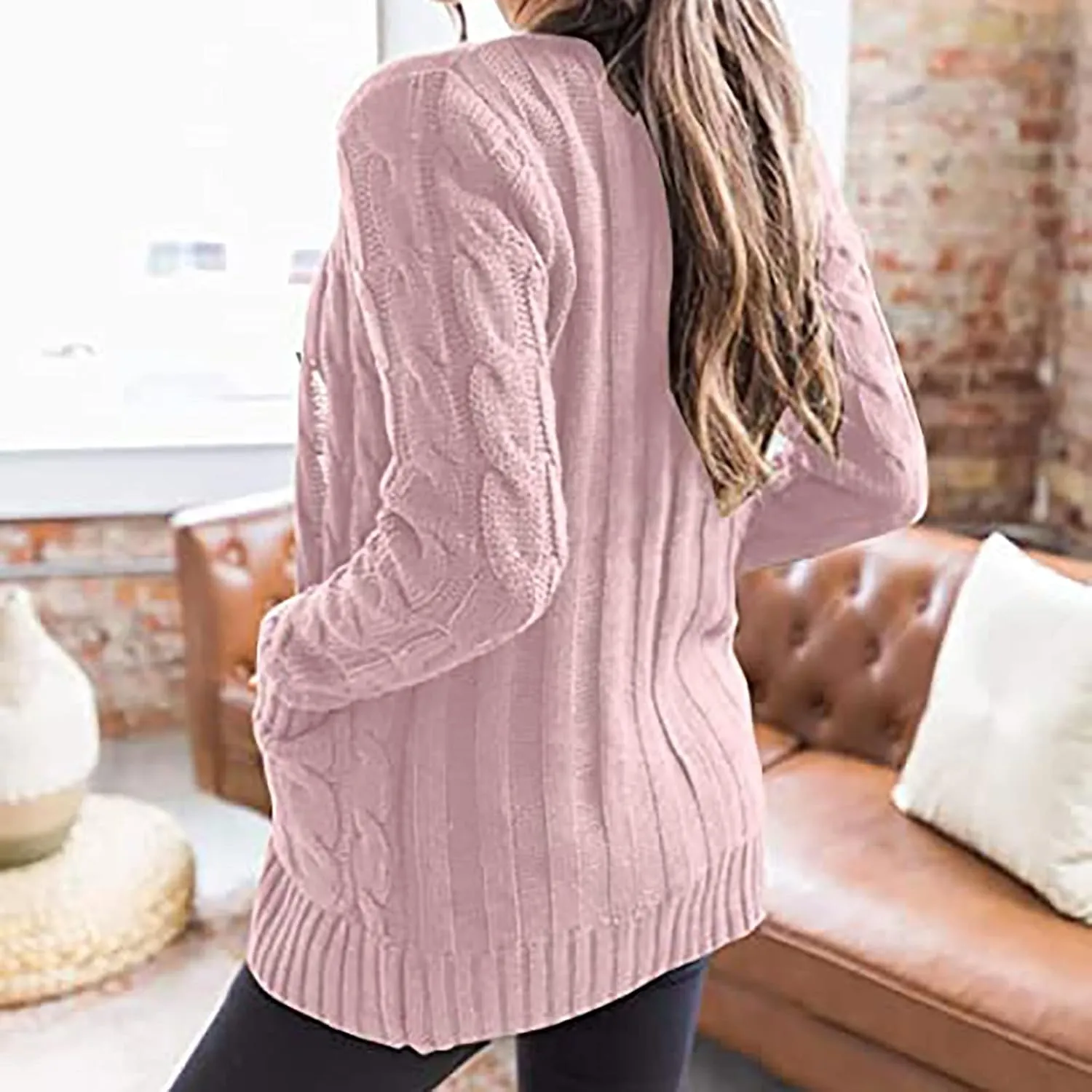 Womens Cardigan Sweaters Dressy Casual Long Sleeve Cable Knit Sweater Open Front Cardigan Button Loose Coat