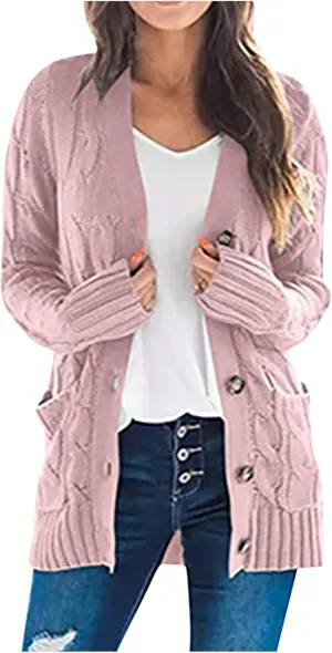 Womens Cardigan Sweaters Dressy Casual Long Sleeve Cable Knit Sweater Open Front Cardigan Button Loose Coat