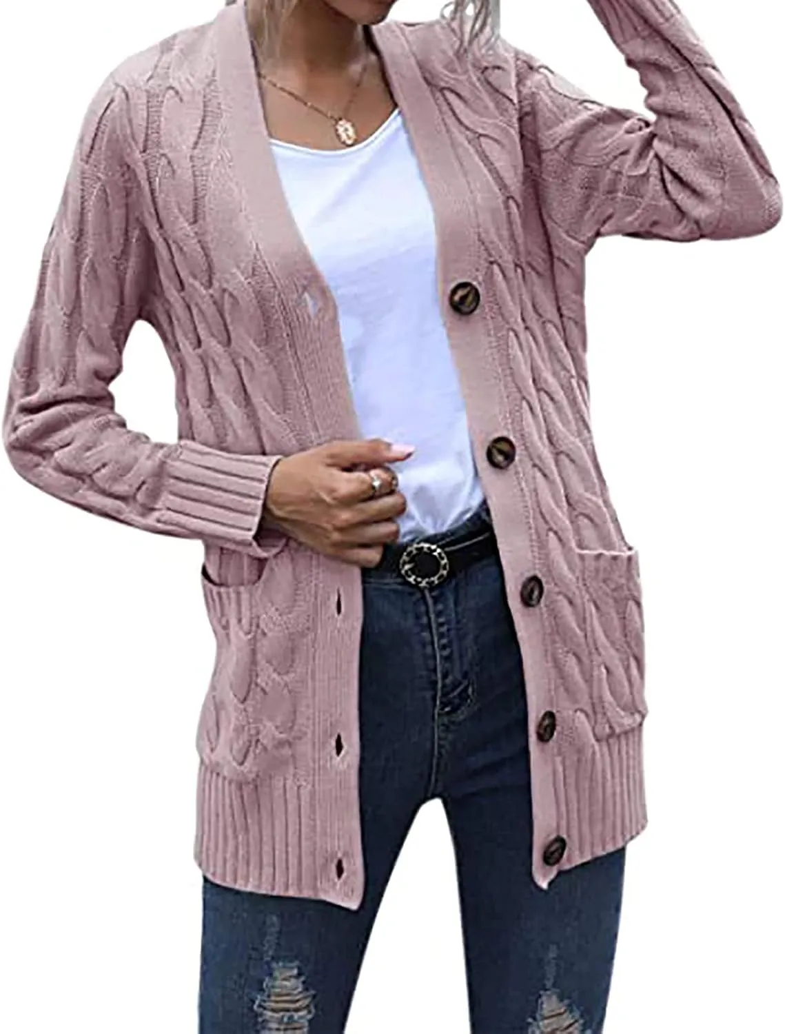 Womens Cardigan Sweaters Dressy Casual Long Sleeve Cable Knit Sweater Open Front Cardigan Button Loose Coat