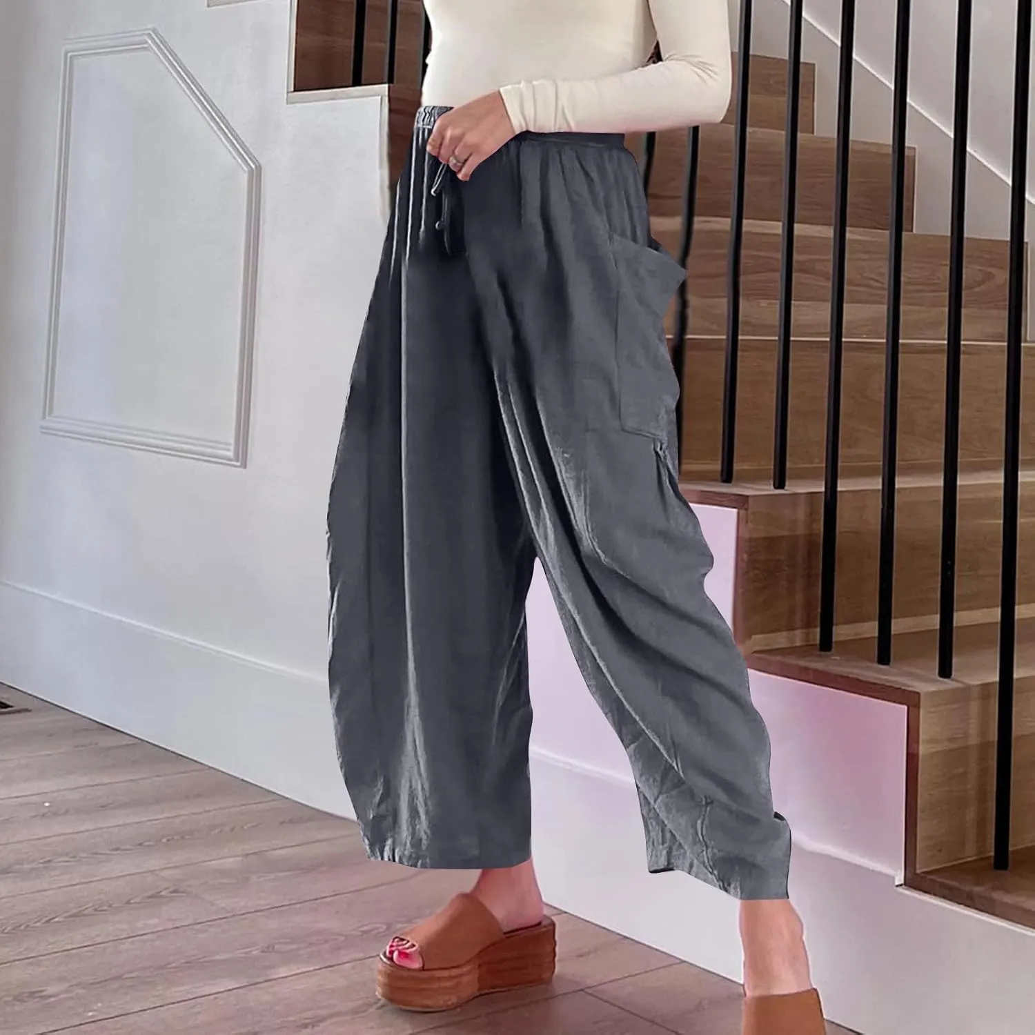 Women's Casual Baggy Pants Boho Harem Pants Loose Travel Pants Drawstring Beach Pants Comfy Summer Pants Trousers
