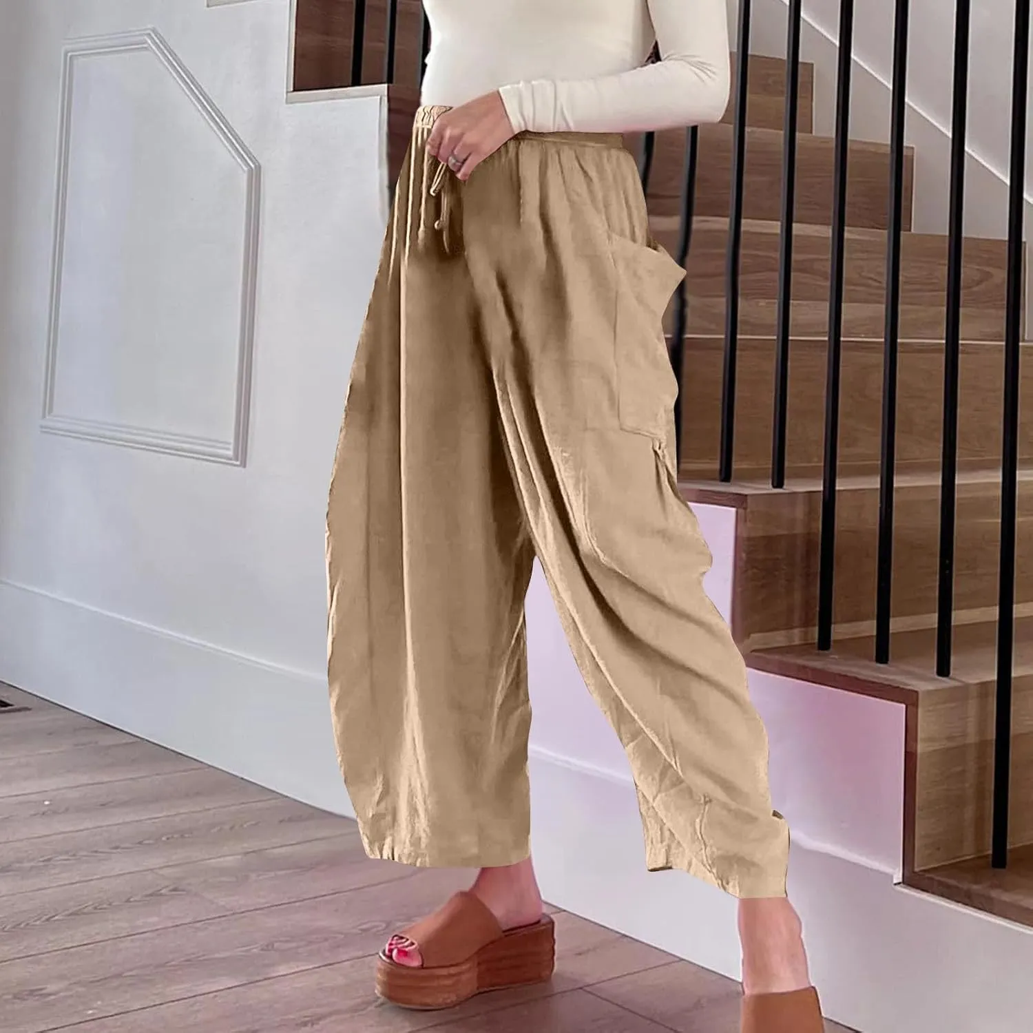 Women's Casual Baggy Pants Boho Harem Pants Loose Travel Pants Drawstring Beach Pants Comfy Summer Pants Trousers