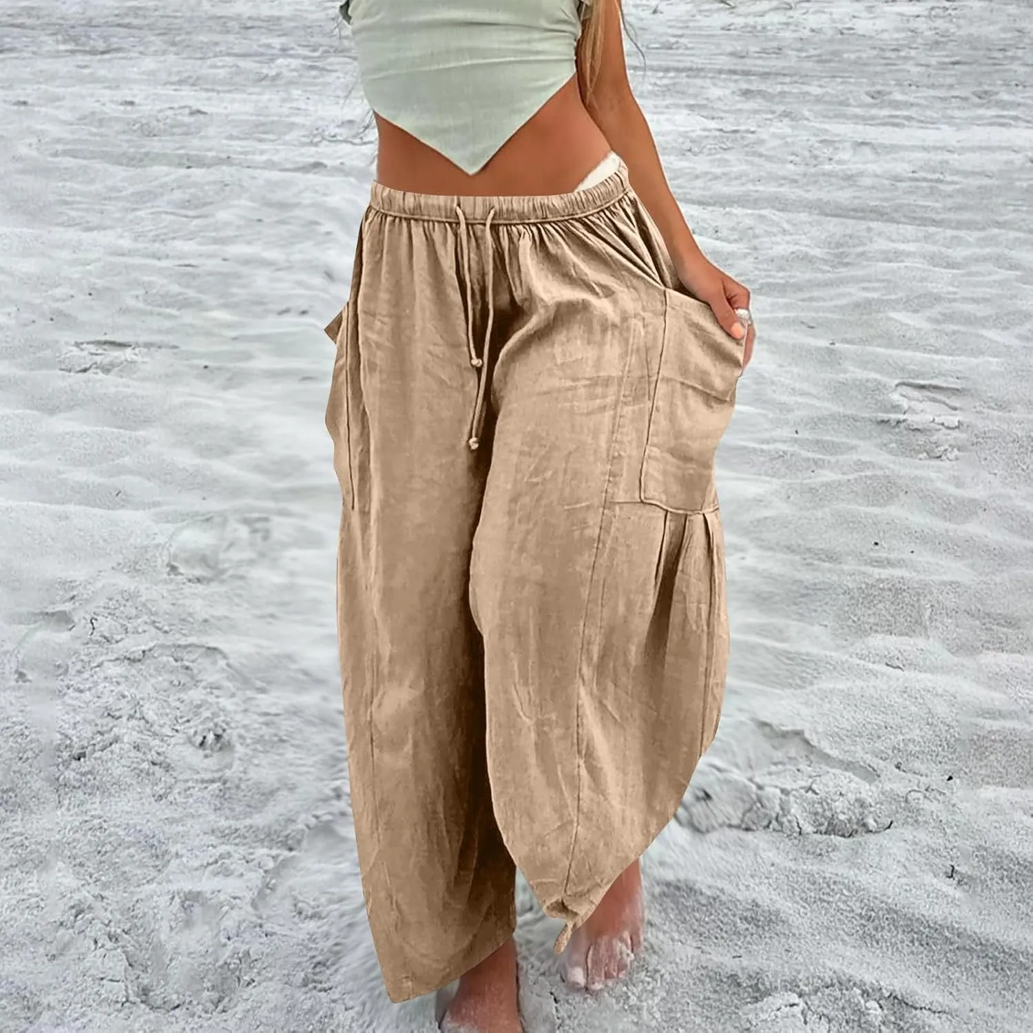Women's Casual Baggy Pants Boho Harem Pants Loose Travel Pants Drawstring Beach Pants Comfy Summer Pants Trousers