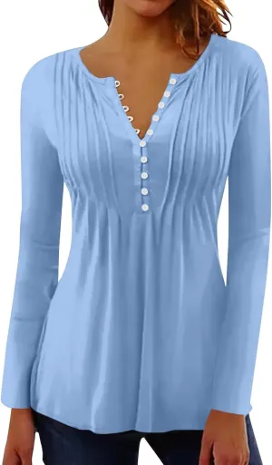 Women's Casual Long Sleeve Henley V-Neck Shirt Printed Pleated Tunics Or Tops to Wear with Leggings S-3XL