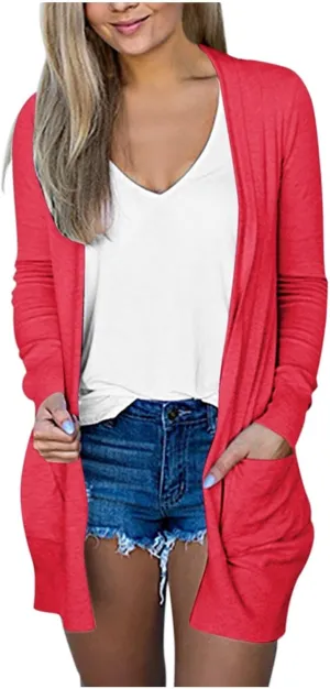 Women's Casual Open Front Cardigan Long Sweaters Plus Size Solid Color Long Sleeve Sweaters Outwear Coat with Pockets
