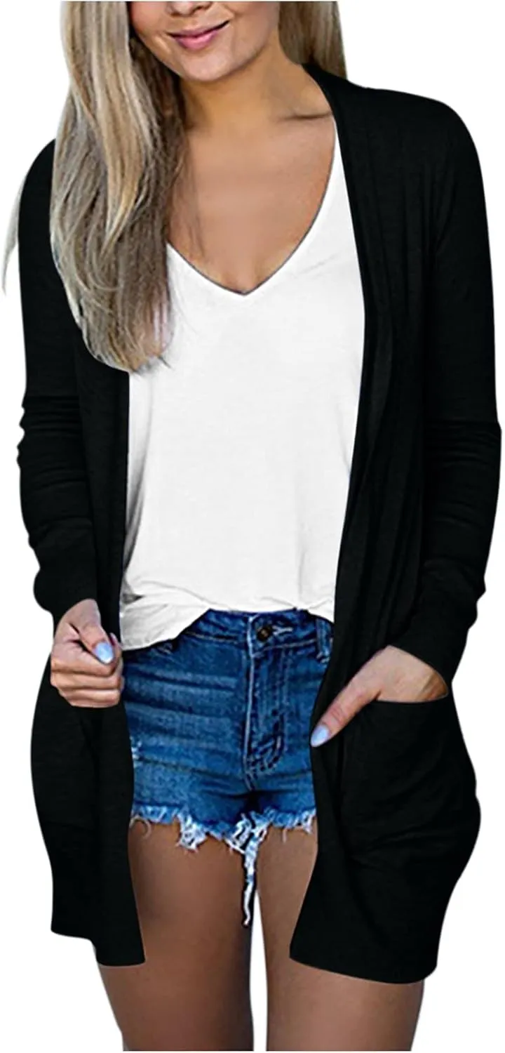Women's Casual Open Front Cardigan Long Sweaters Plus Size Solid Color Long Sleeve Sweaters Outwear Coat with Pockets