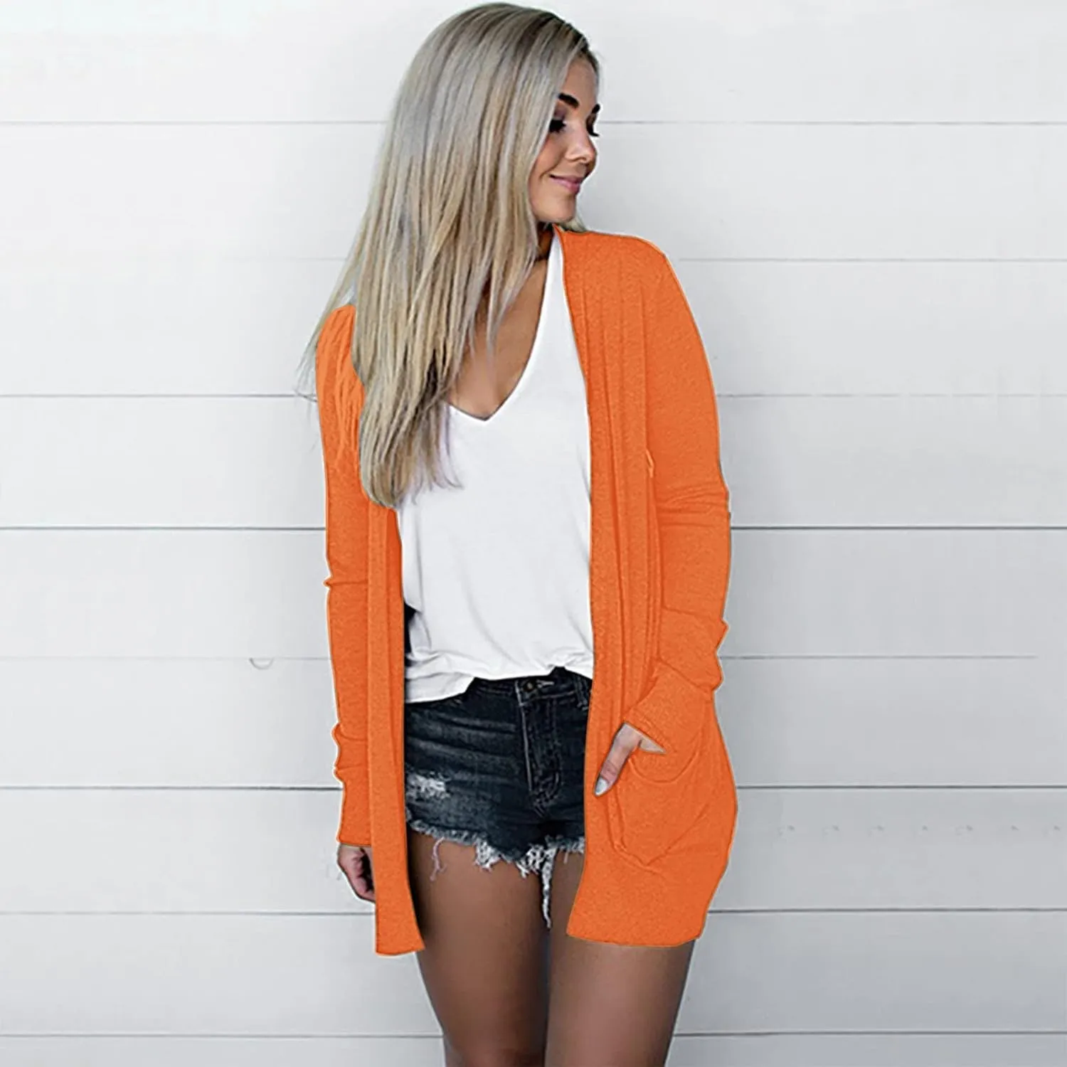 Women's Casual Open Front Cardigan Long Sweaters Plus Size Solid Color Long Sleeve Sweaters Outwear Coat with Pockets