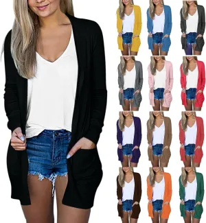 Women's Casual Open Front Cardigan Long Sweaters Plus Size Solid Color Long Sleeve Sweaters Outwear Coat with Pockets