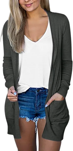 Women's Casual Open Front Cardigan Long Sweaters Plus Size Solid Color Long Sleeve Sweaters Outwear Coat with Pockets