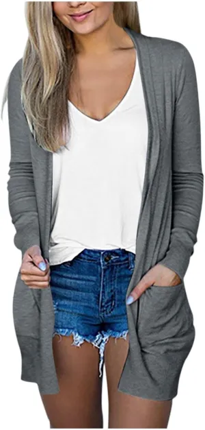 Women's Casual Open Front Cardigan Long Sweaters Plus Size Solid Color Long Sleeve Sweaters Outwear Coat with Pockets