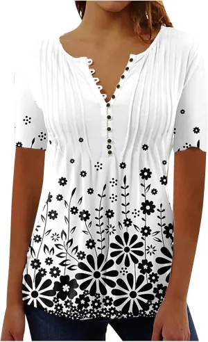 Womens Casual Summer Tunic Shirts Button v Neck Floral Print t-Shirt Empire Waist Fashion Tops Blouses