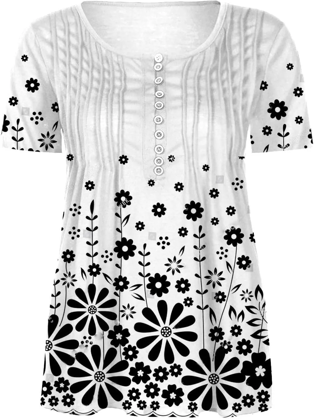 Womens Casual Summer Tunic Shirts Button v Neck Floral Print t-Shirt Empire Waist Fashion Tops Blouses