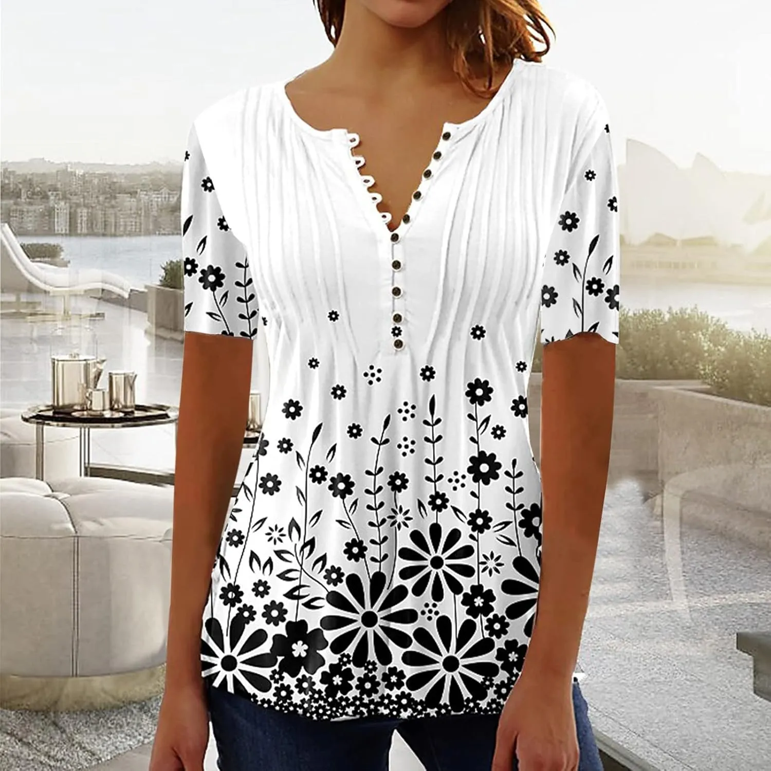 Womens Casual Summer Tunic Shirts Button v Neck Floral Print t-Shirt Empire Waist Fashion Tops Blouses