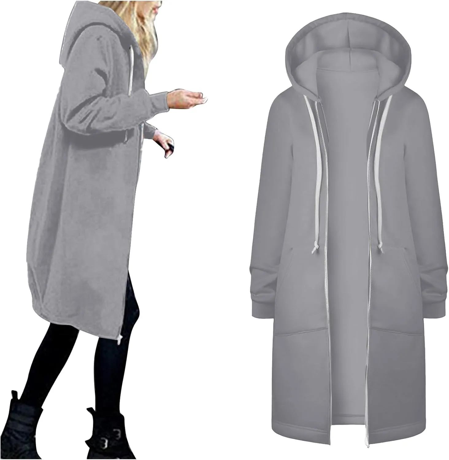 Womens Casual Zip Up Hoodies Fleece Tunic Long Sweatshirts Fall Winter Windproof Hooded Jacket Outerwear with Pockets