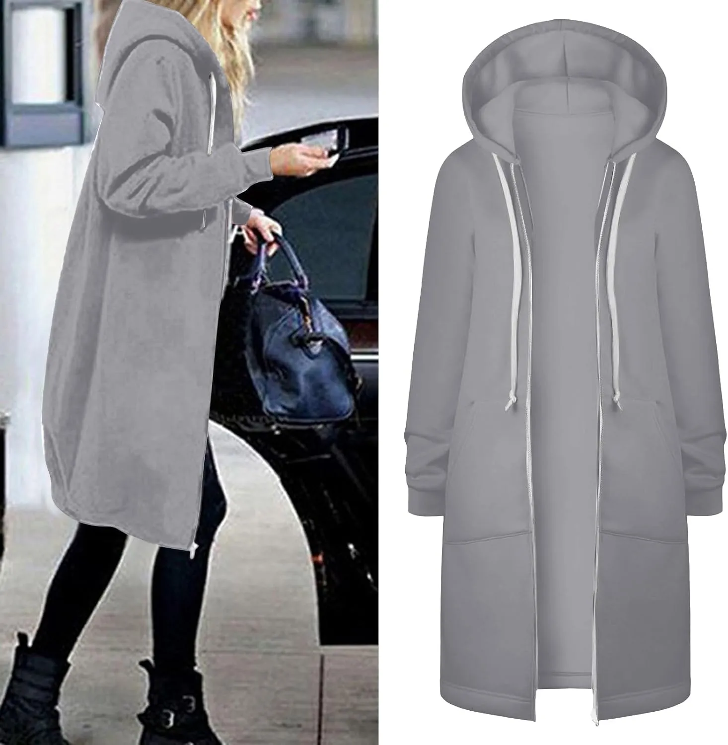 Womens Casual Zip Up Hoodies Fleece Tunic Long Sweatshirts Fall Winter Windproof Hooded Jacket Outerwear with Pockets