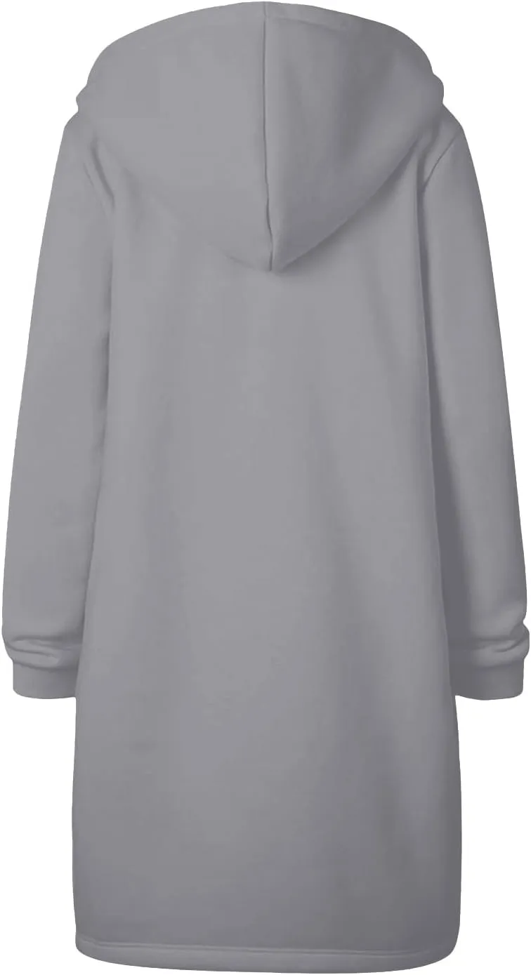 Womens Casual Zip Up Hoodies Fleece Tunic Long Sweatshirts Fall Winter Windproof Hooded Jacket Outerwear with Pockets