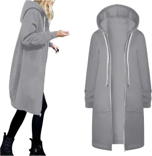 Womens Casual Zip Up Hoodies Fleece Tunic Long Sweatshirts Fall Winter Windproof Hooded Jacket Outerwear with Pockets