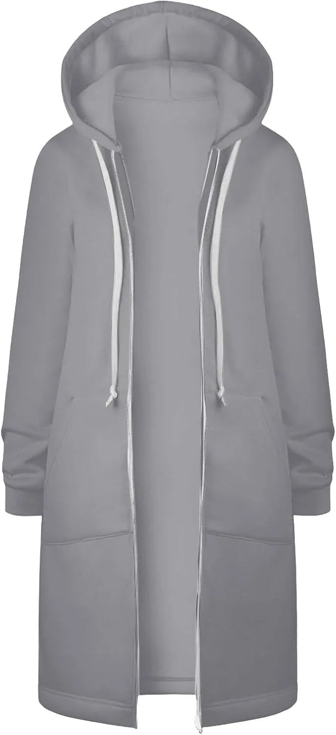 Womens Casual Zip Up Hoodies Fleece Tunic Long Sweatshirts Fall Winter Windproof Hooded Jacket Outerwear with Pockets
