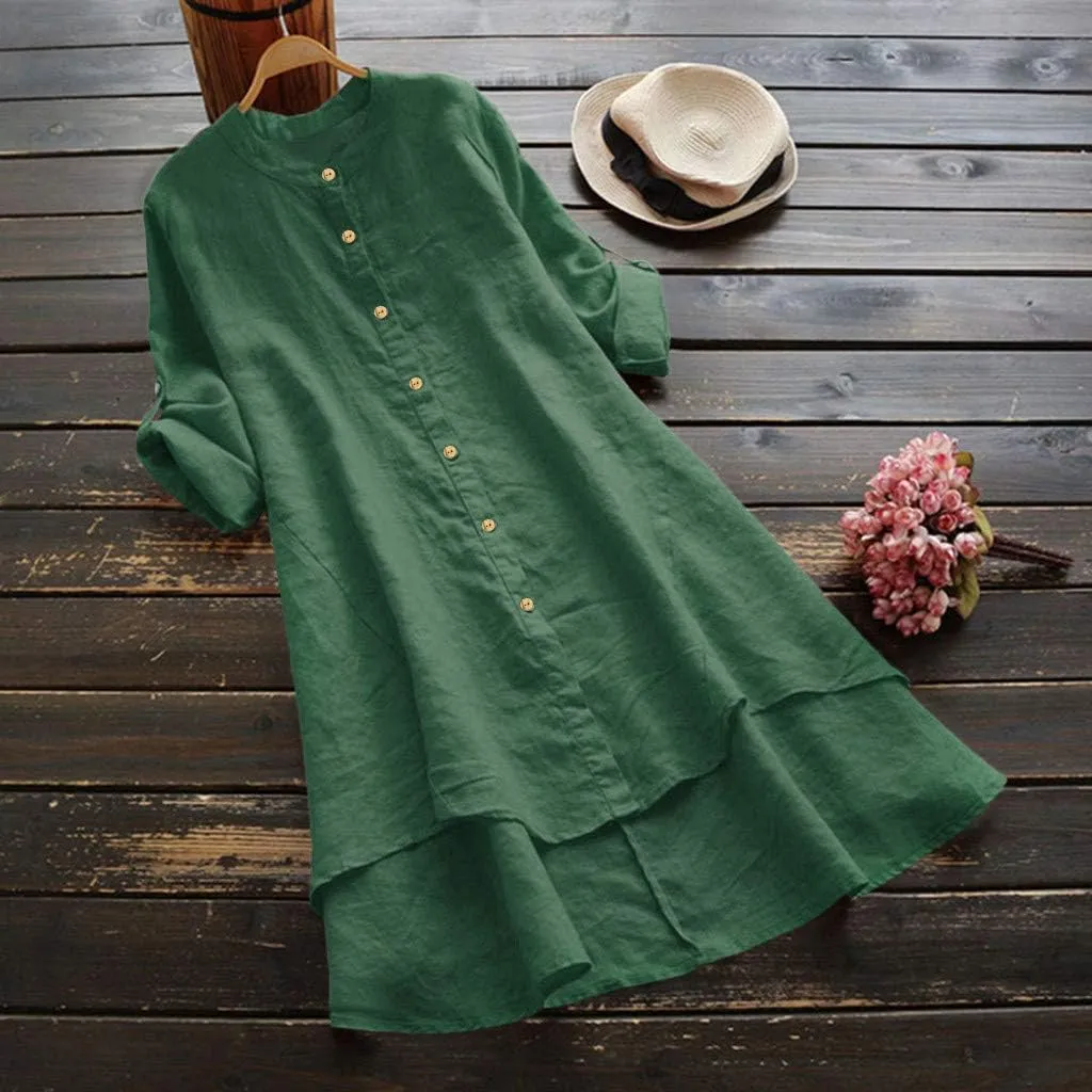 Women's Cotton Linen Shirt Button Down Long Hoodie Dress Blouse Long Sleeve Lightweight Soft Sleepwear Tunic Tops