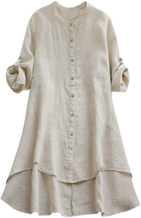 Women's Cotton Linen Shirt Button Down Long Hoodie Dress Blouse Long Sleeve Lightweight Soft Sleepwear Tunic Tops