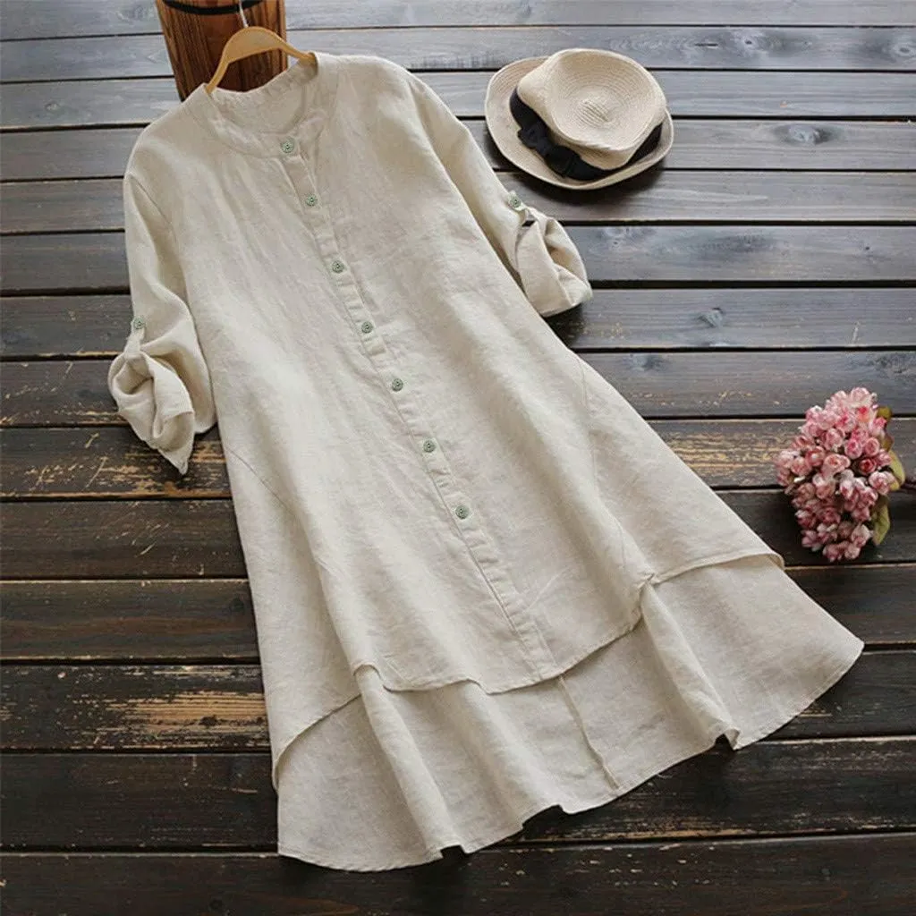 Women's Cotton Linen Shirt Button Down Long Hoodie Dress Blouse Long Sleeve Lightweight Soft Sleepwear Tunic Tops