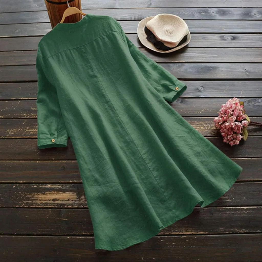 Women's Cotton Linen Shirt Button Down Long Hoodie Dress Blouse Long Sleeve Lightweight Soft Sleepwear Tunic Tops