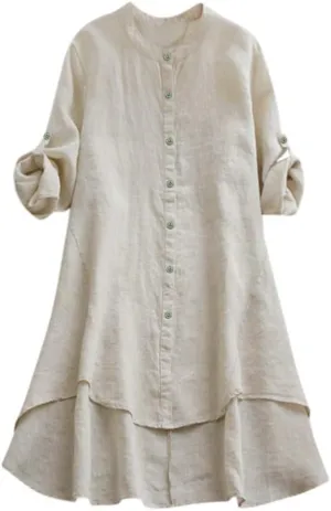 Women's Cotton Linen Shirt Button Down Long Hoodie Dress Blouse Long Sleeve Lightweight Soft Sleepwear Tunic Tops