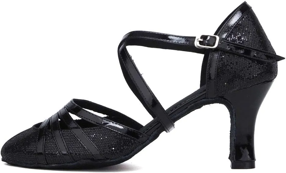 Women's Cross Strap Closed Toe Glitter Latin Salsa Tango Dance Shoes Party Ballroom Dance Shoes 512