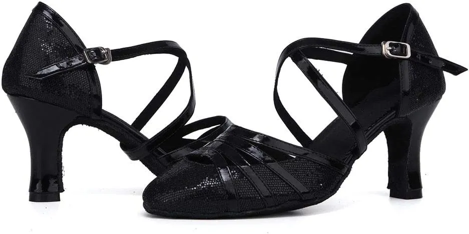 Women's Cross Strap Closed Toe Glitter Latin Salsa Tango Dance Shoes Party Ballroom Dance Shoes 512