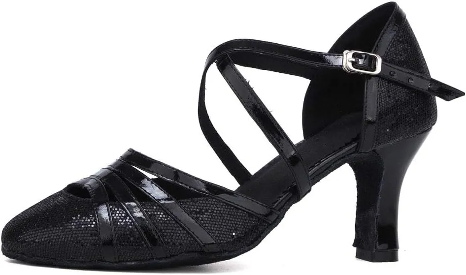 Women's Cross Strap Closed Toe Glitter Latin Salsa Tango Dance Shoes Party Ballroom Dance Shoes 512