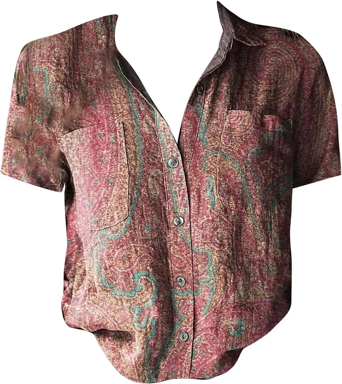Womens Ethnic Shirts Floral Print Short Sleeve V Neck Button Down Shirt Vintage Causal Boho Blouses Gauze Tunic Tops