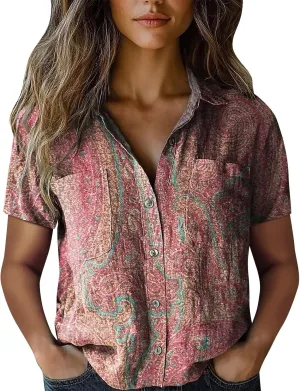 Womens Ethnic Shirts Floral Print Short Sleeve V Neck Button Down Shirt Vintage Causal Boho Blouses Gauze Tunic Tops