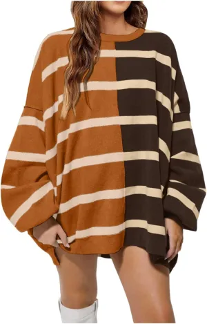 Women's Fashion Striped Sweaters 2024 Knitted Sweaters Loose Oversized Winter Sweaters Crewneck Pullover Tops