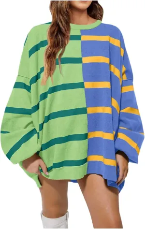 Women's Fashion Striped Sweaters 2024 Knitted Sweaters Loose Oversized Winter Sweaters Crewneck Pullover Tops