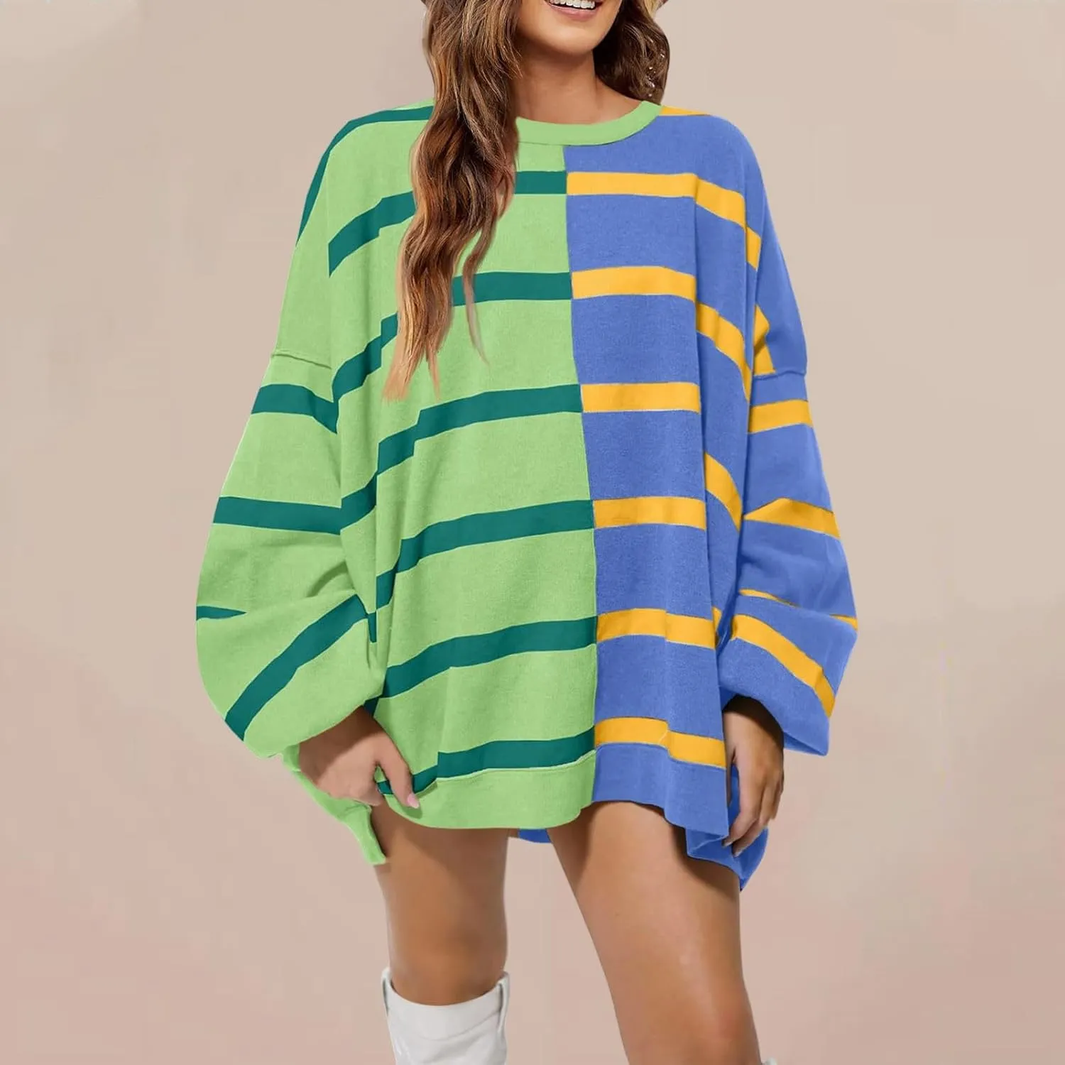Women's Fashion Striped Sweaters 2024 Knitted Sweaters Loose Oversized Winter Sweaters Crewneck Pullover Tops