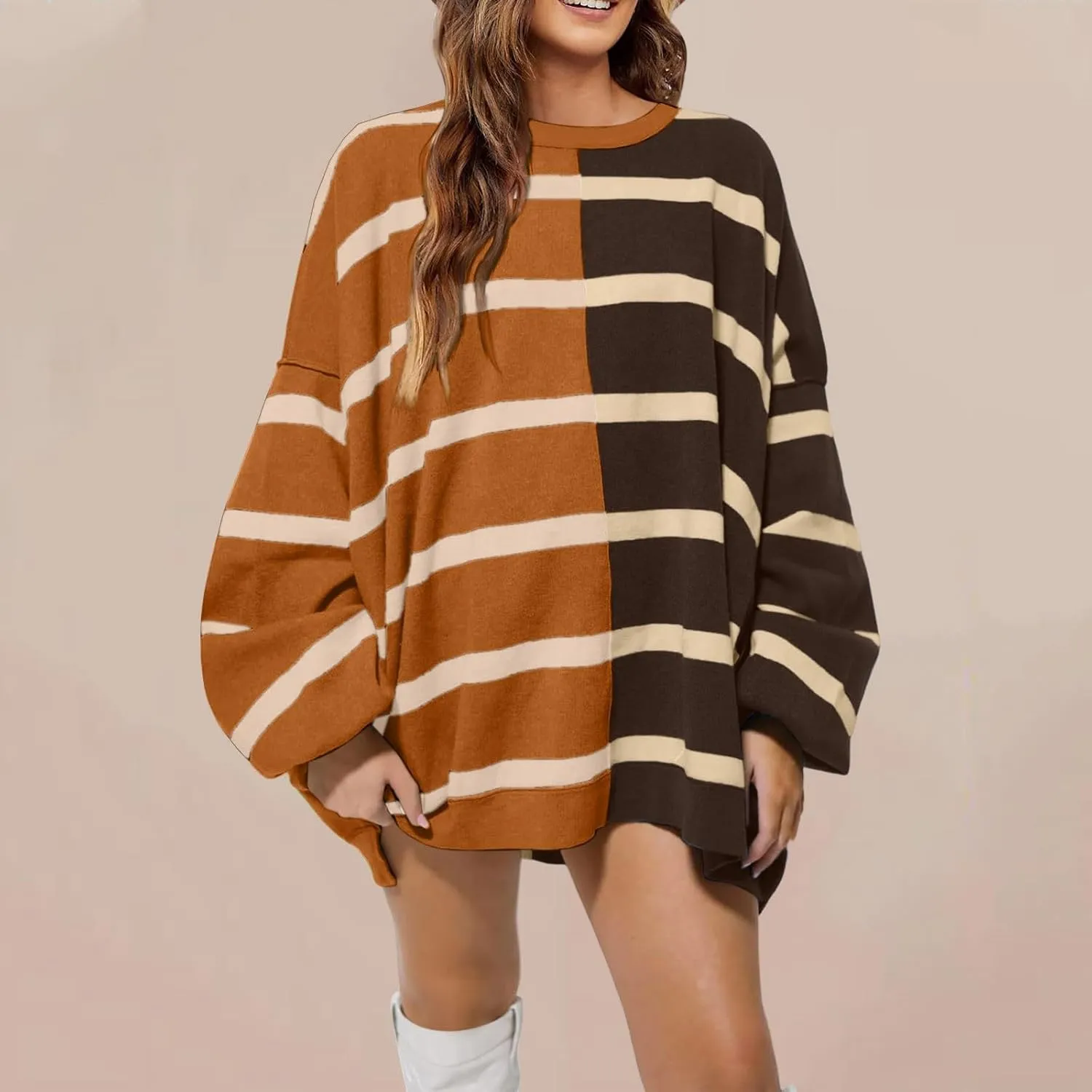 Women's Fashion Striped Sweaters 2024 Knitted Sweaters Loose Oversized Winter Sweaters Crewneck Pullover Tops