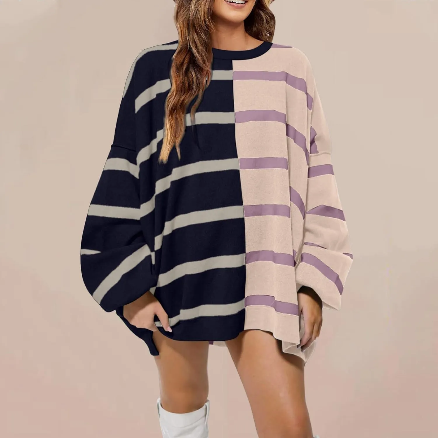 Women's Fashion Striped Sweaters 2024 Knitted Sweaters Loose Oversized Winter Sweaters Crewneck Pullover Tops