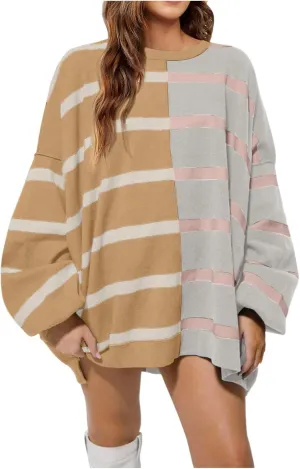 Women's Fashion Striped Sweaters 2024 Knitted Sweaters Loose Oversized Winter Sweaters Crewneck Pullover Tops