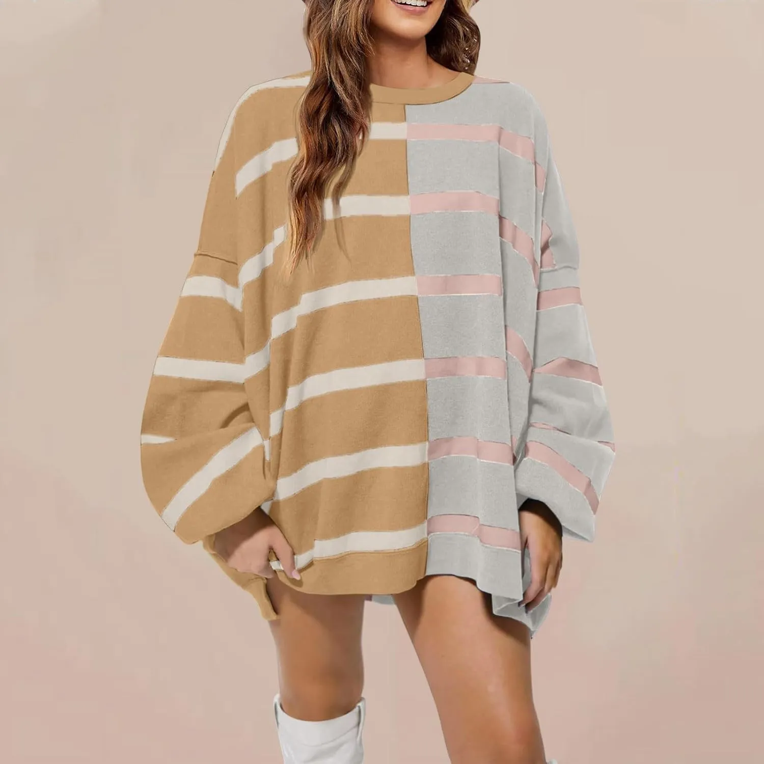 Women's Fashion Striped Sweaters 2024 Knitted Sweaters Loose Oversized Winter Sweaters Crewneck Pullover Tops