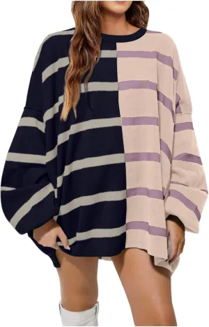 Women's Fashion Striped Sweaters 2024 Knitted Sweaters Loose Oversized Winter Sweaters Crewneck Pullover Tops