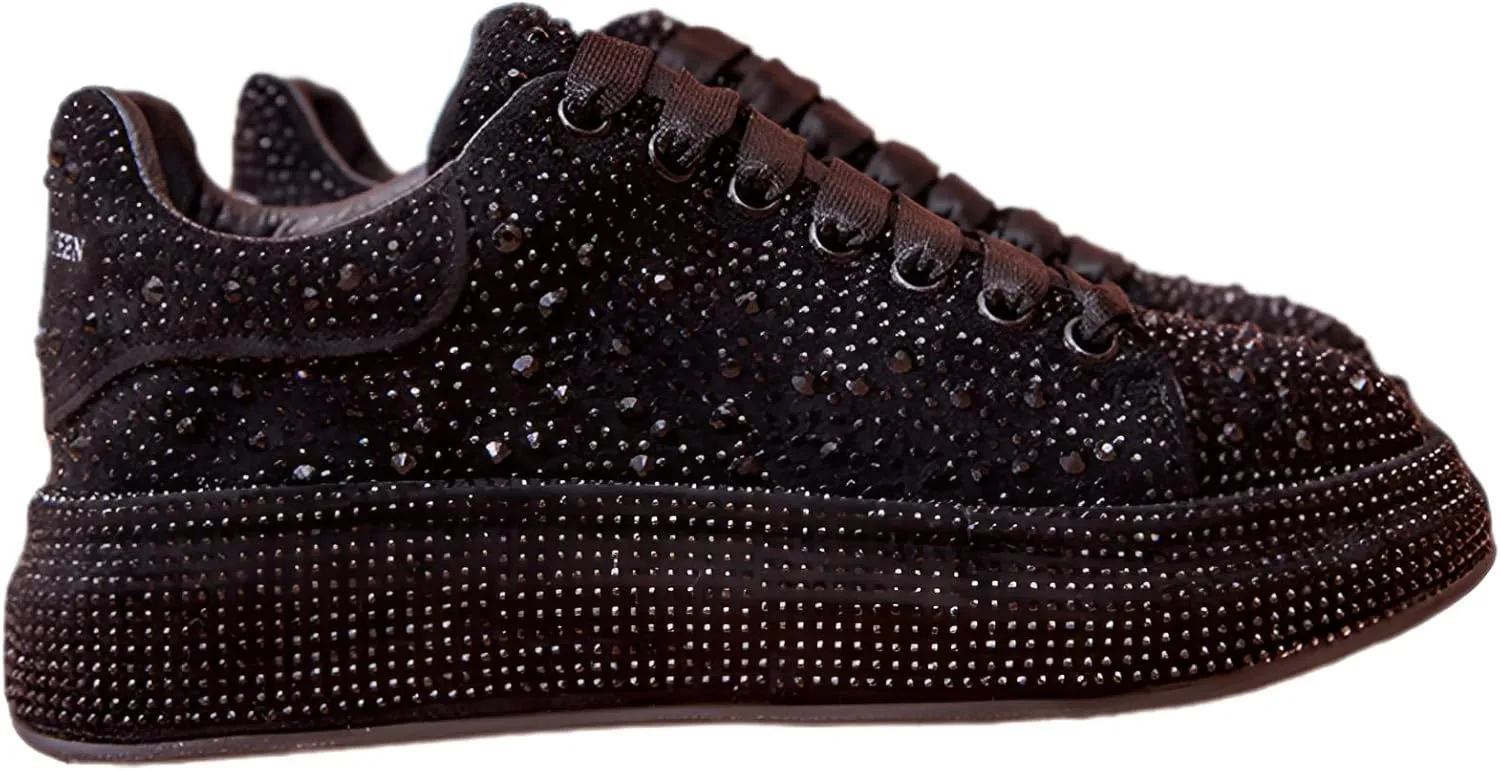 Women's Fashion Thick Sole Sneakers Glitter Gradient Colors Rhinestones Lace-Up Casual Sports Shoes