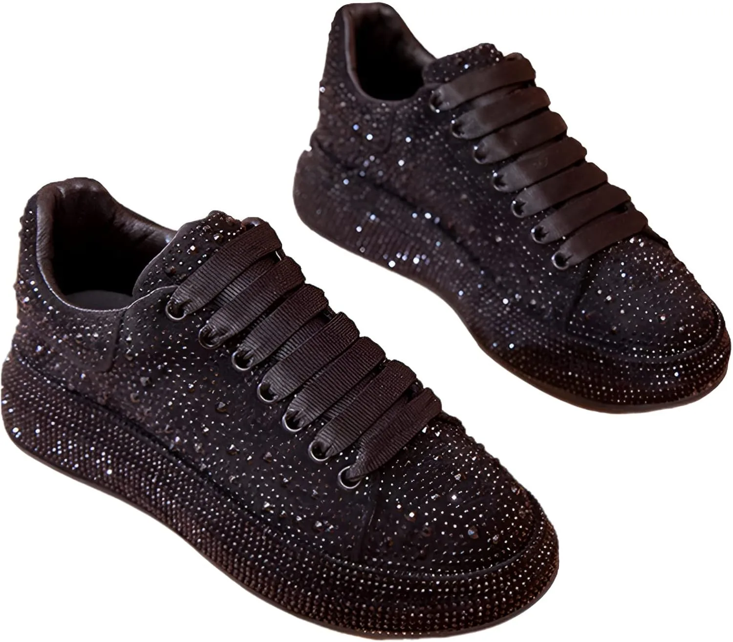 Women's Fashion Thick Sole Sneakers Glitter Gradient Colors Rhinestones Lace-Up Casual Sports Shoes