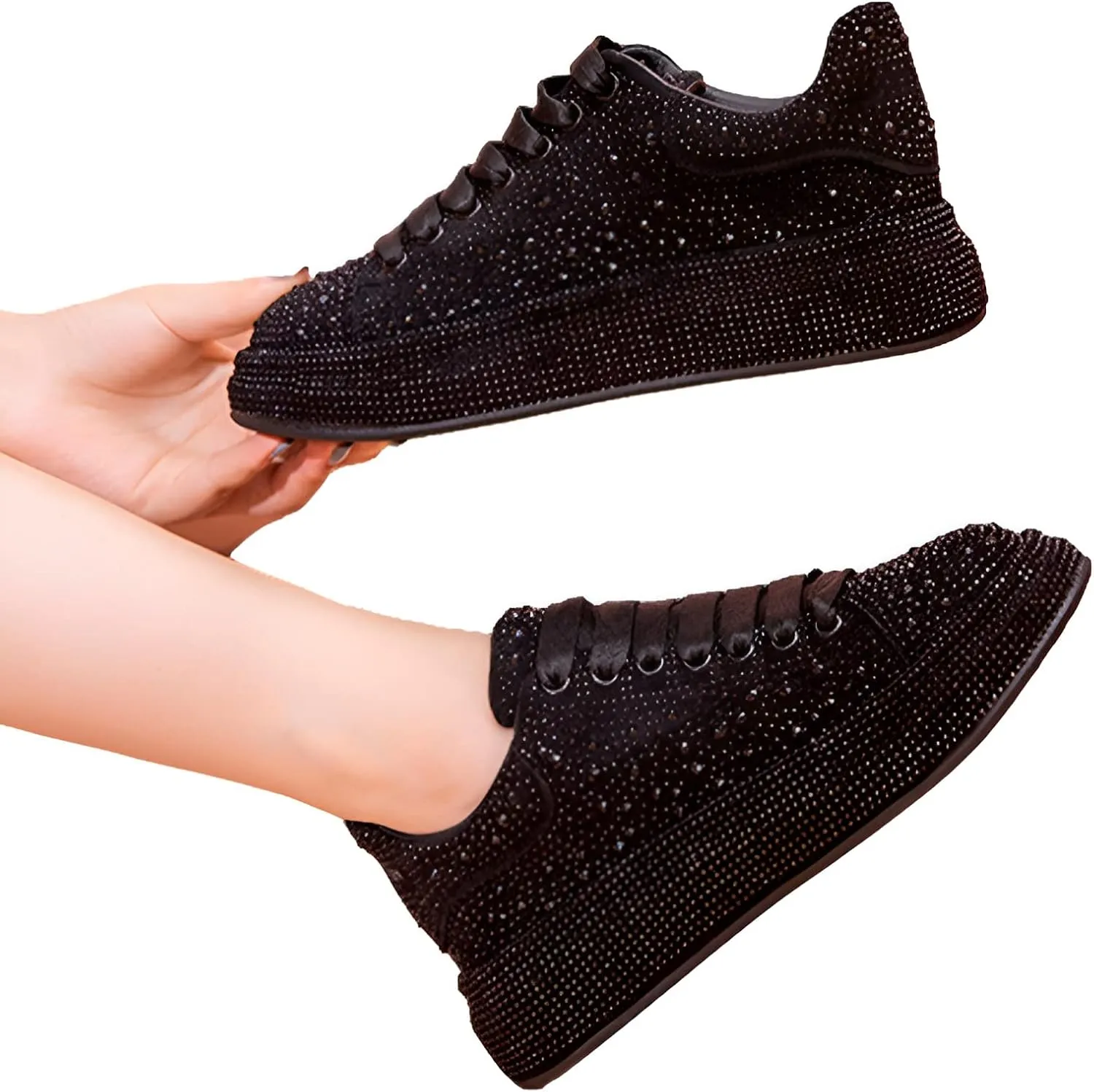Women's Fashion Thick Sole Sneakers Glitter Gradient Colors Rhinestones Lace-Up Casual Sports Shoes