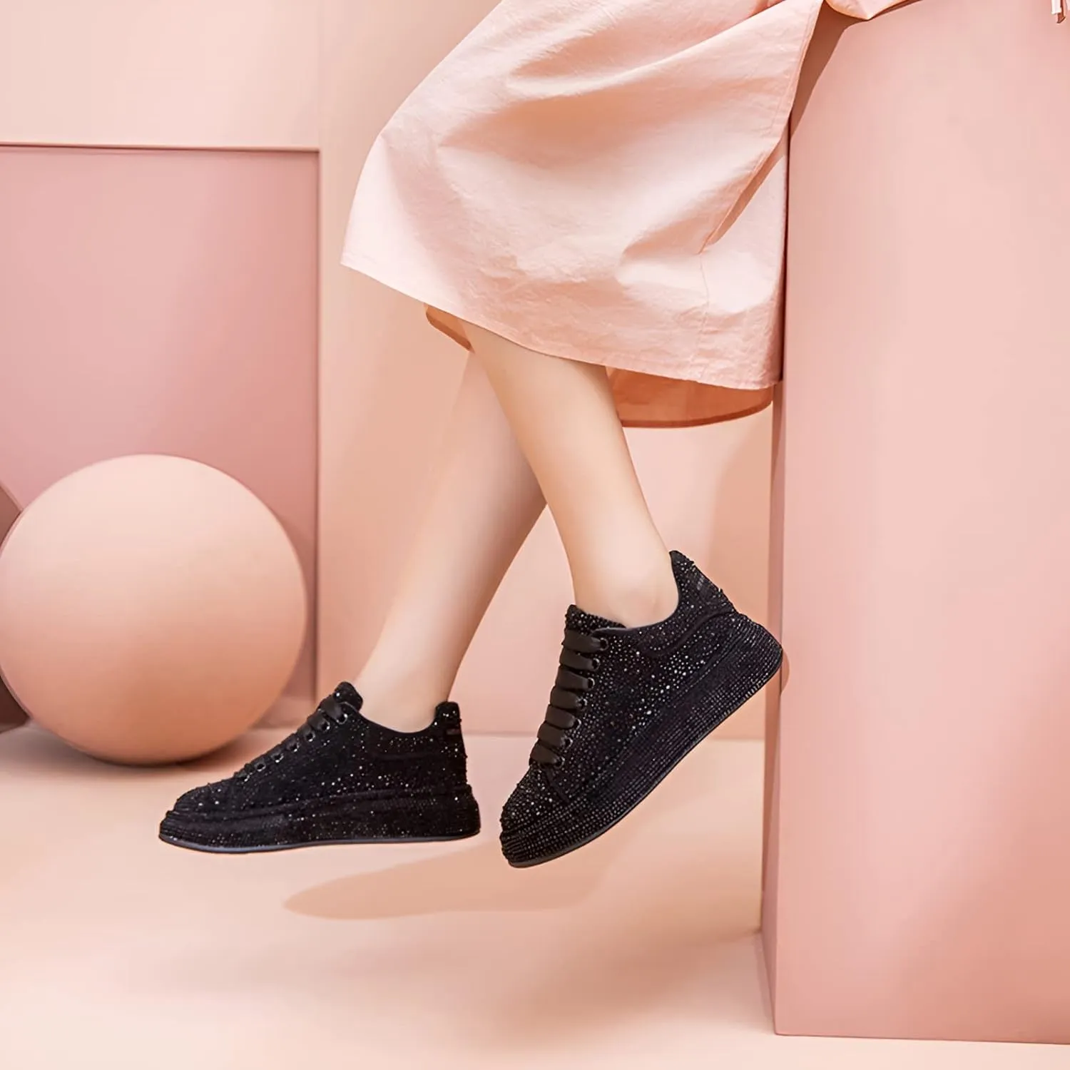 Women's Fashion Thick Sole Sneakers Glitter Gradient Colors Rhinestones Lace-Up Casual Sports Shoes