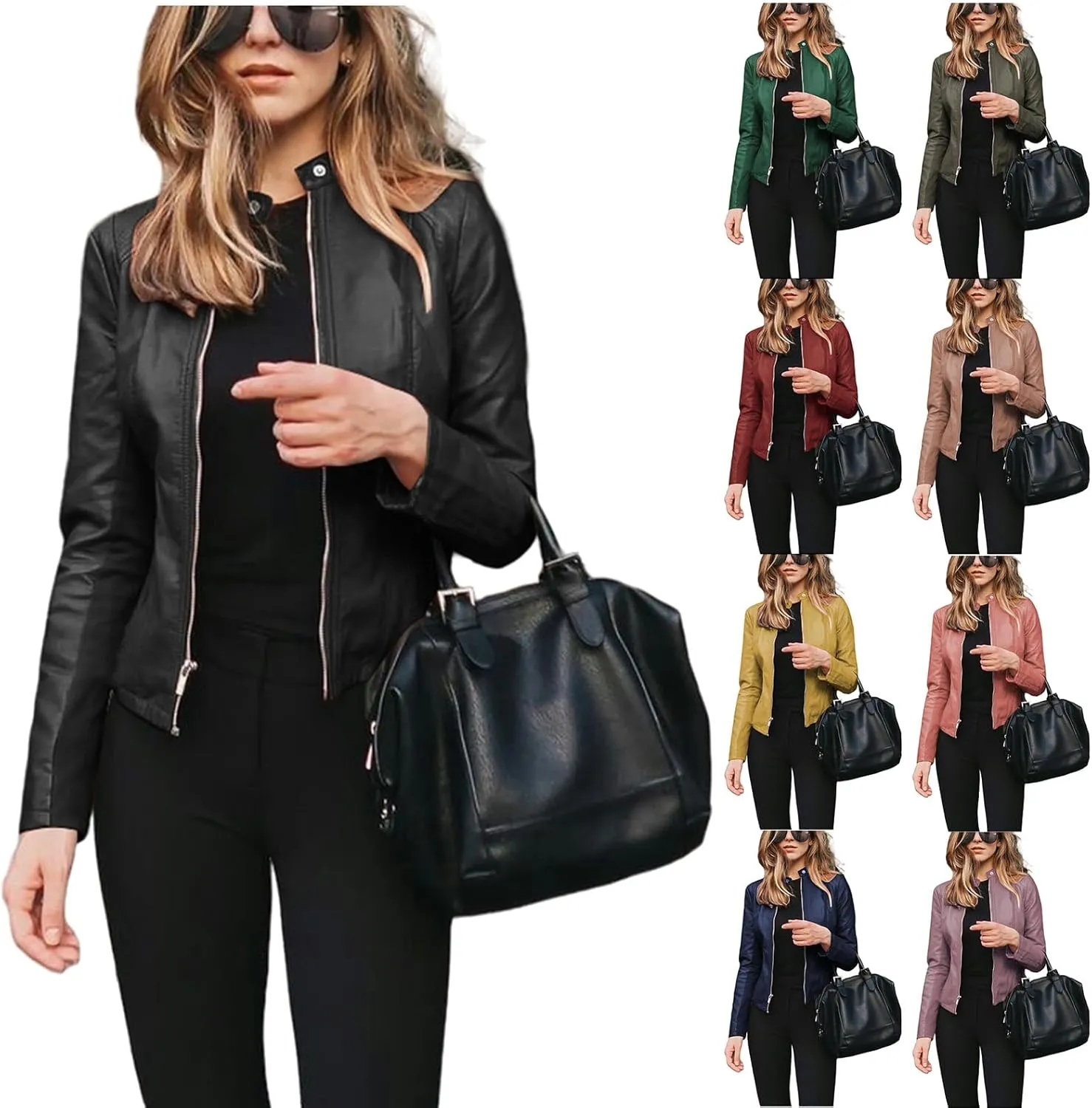 Womens Faux Leather Jackets Zip Up Cropped Motorcycle PU Moto Biker Outwear Coat 2024